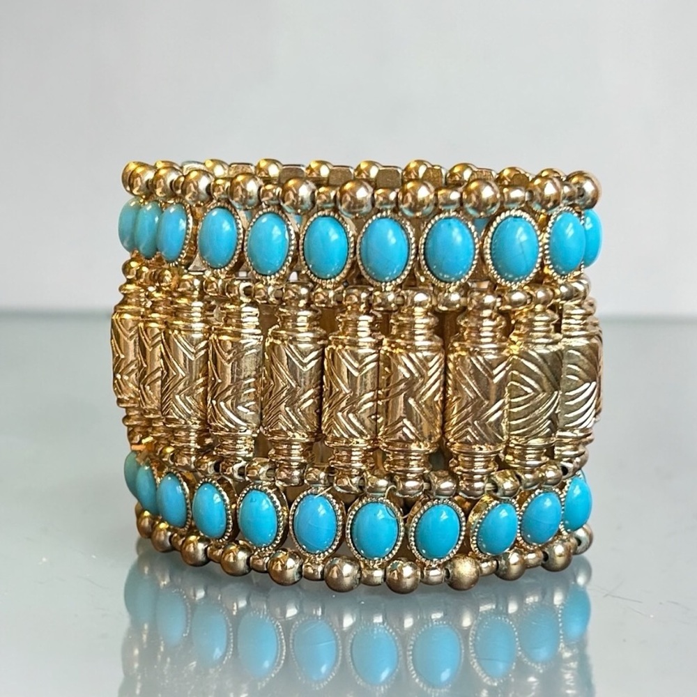 Vintage Inspired Gold & Turquoise Cabochon Multi-Row Stretch Cuff Bracelet Boho